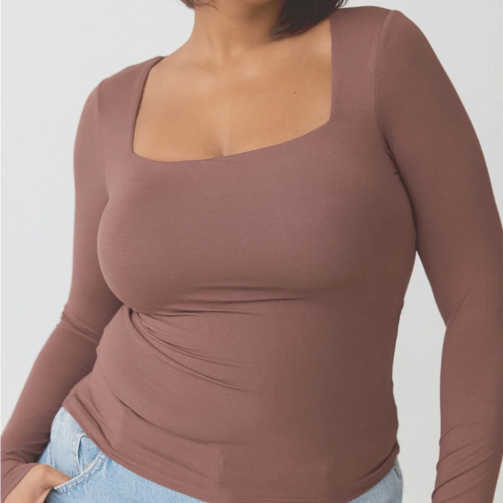 Klassy Network Solid Square Neck Full Length Long Sleeve Brown Brami Top